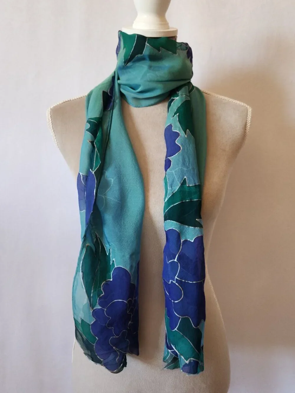Betty Lathrop Women's Teal Purple Hand Painted Floral Sheer Silk Scarf Wrap